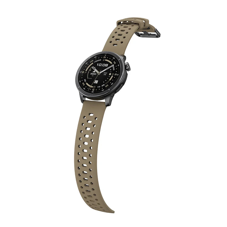 Smartwatch with a beige perforated strap on a white background