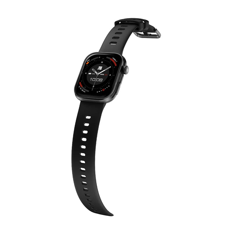 Black smartwatch with a black strap on a white background