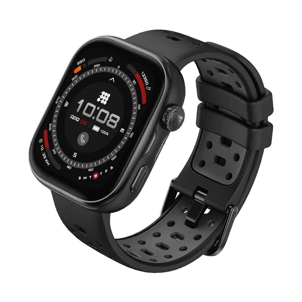 Black smartwatch with a detailed display on a white background