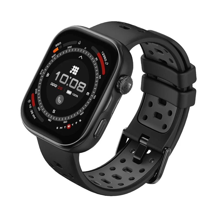 Black smartwatch with a detailed display on a white background