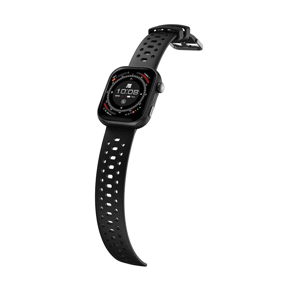 Black smartwatch with perforated band on a white background