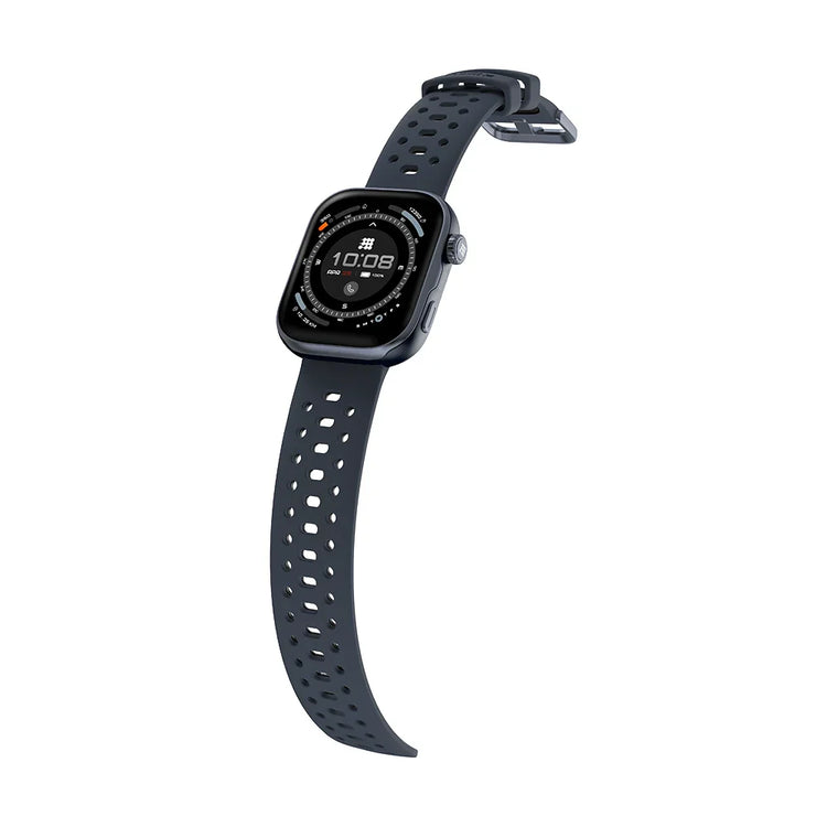 Black smartwatch with perforated band on a white background