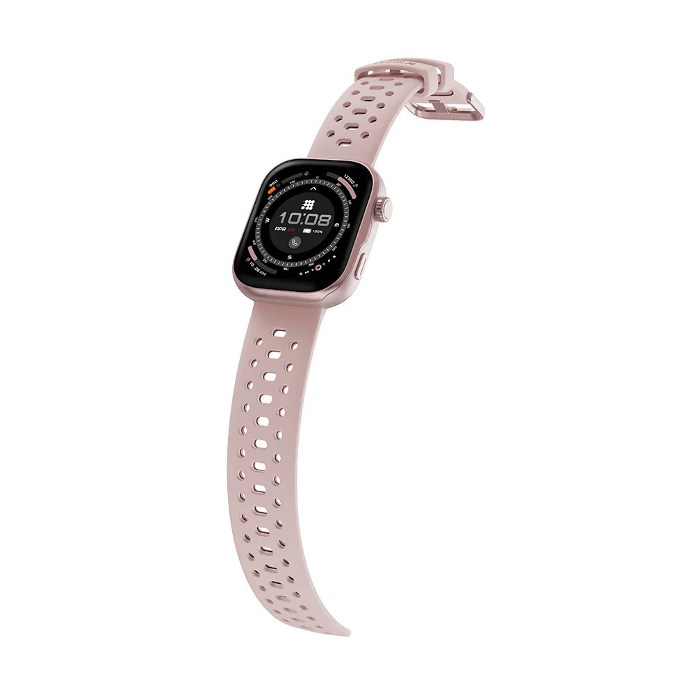 Smartwatch with a pink perforated band on a white background