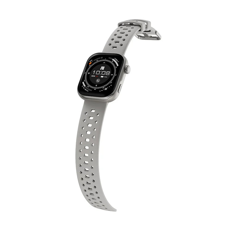 Smartwatch with a perforated metal band on a white background
