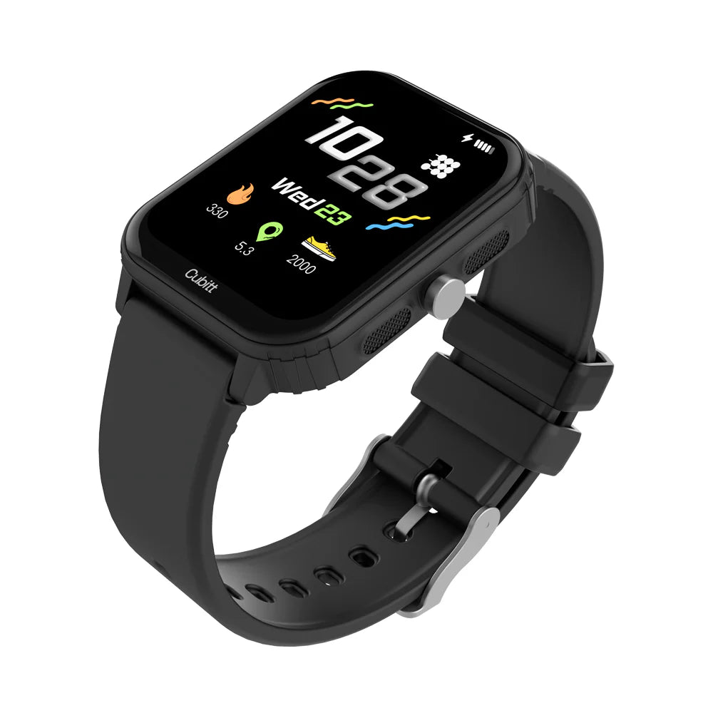 Black smartwatch with a digital display on a white background