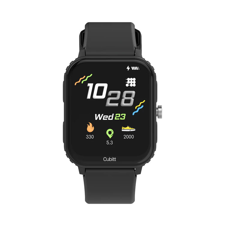 Black smartwatch with a digital display on a white background