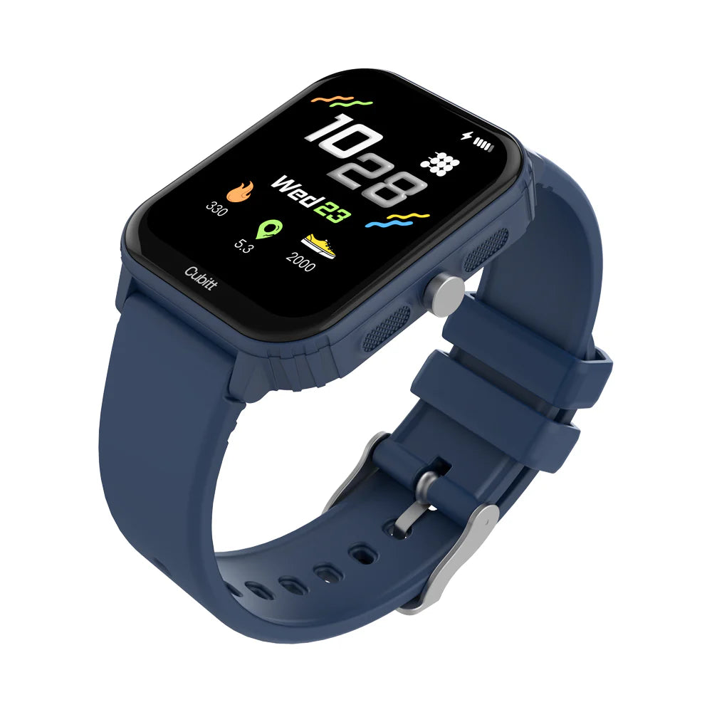 Blue smartwatch with a digital display on a white background