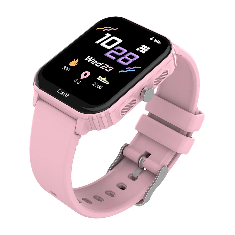 Pink smartwatch with a black display on a white background