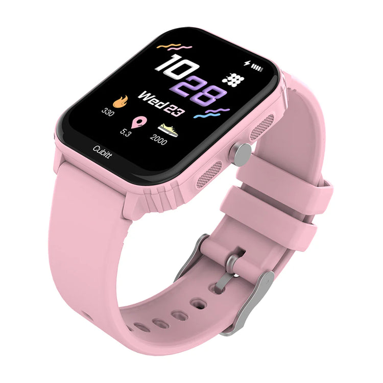 Pink smartwatch with a black display on a white background