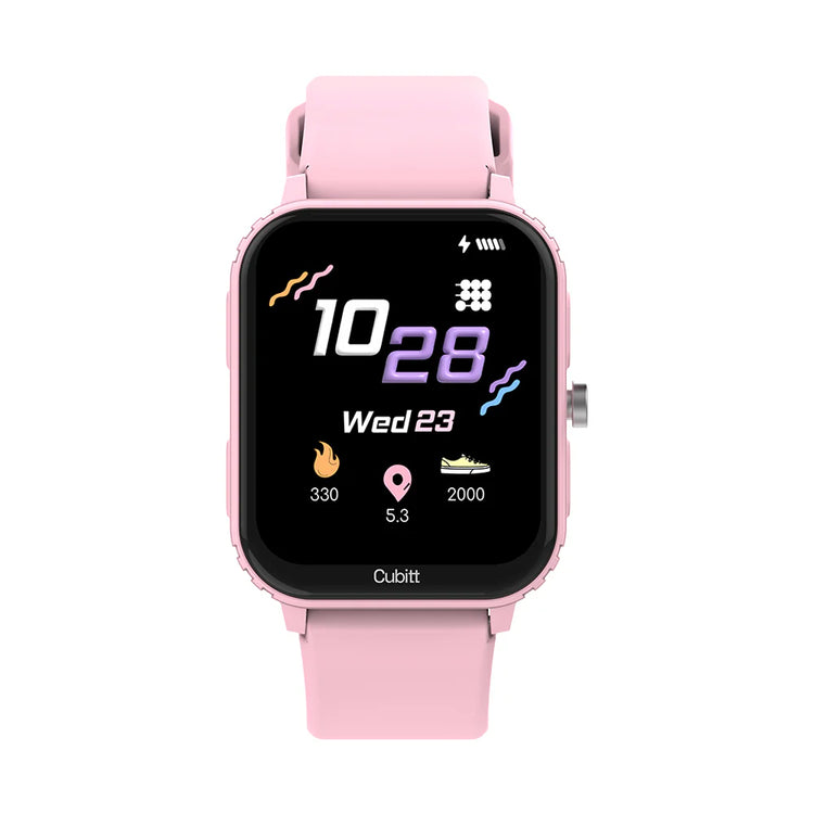 Pink smartwatch with a black display on a white background