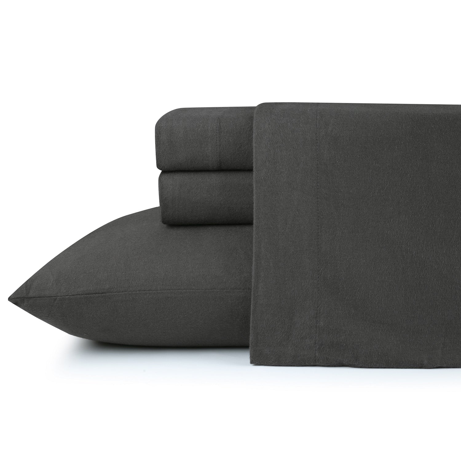 Dark gray bed sheets and pillowcases on a white background