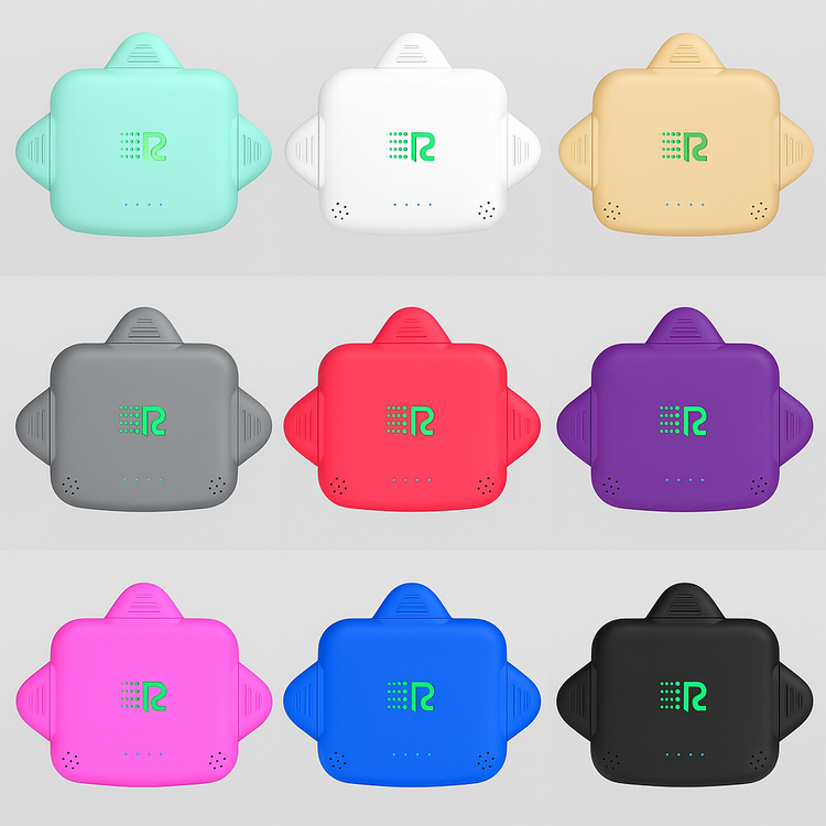 Collection of colorful electronic devices with a brand logo on a gray background