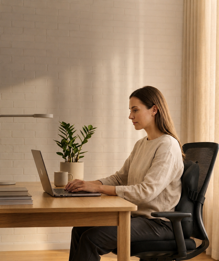 Woman sitting at a desk using a laptop in a home office setting.