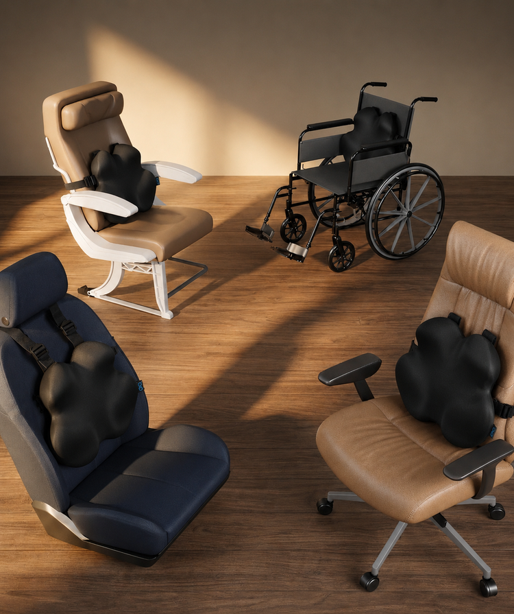 Four different types of chairs with headrests on a wooden floor.
