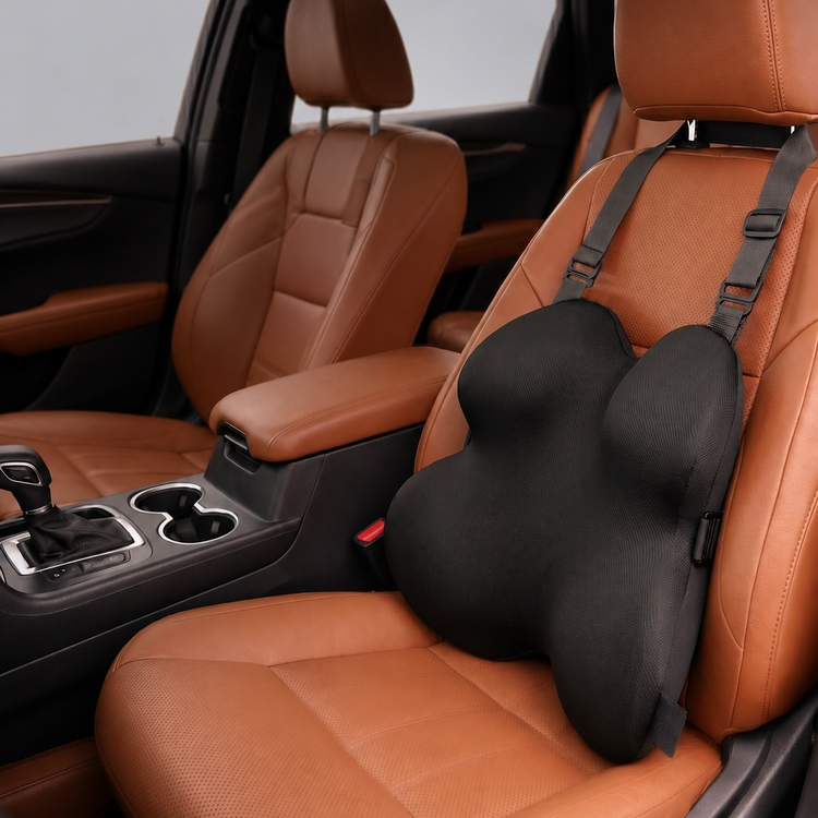 Black car neck pillow on a brown leather car seat