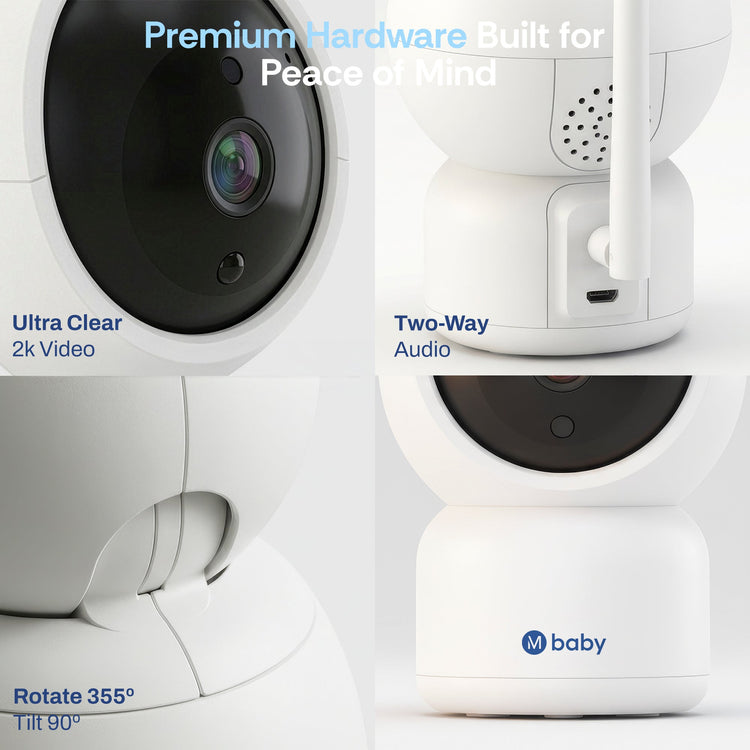 White security camera with features highlighted on a white background