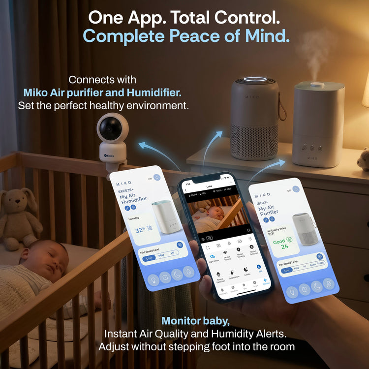 Smart home devices including a baby monitor, air purifier, and humidifier with smartphone app interfaces displayed.