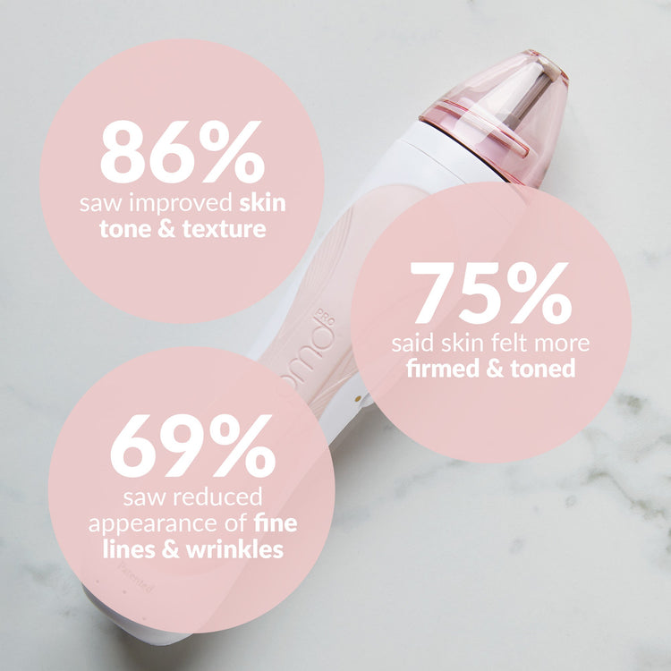 Pink skincare device with text on a marble background