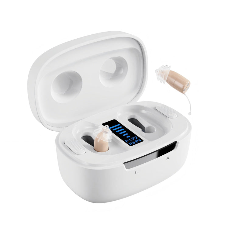 White hearing aid device with charging case on a white background