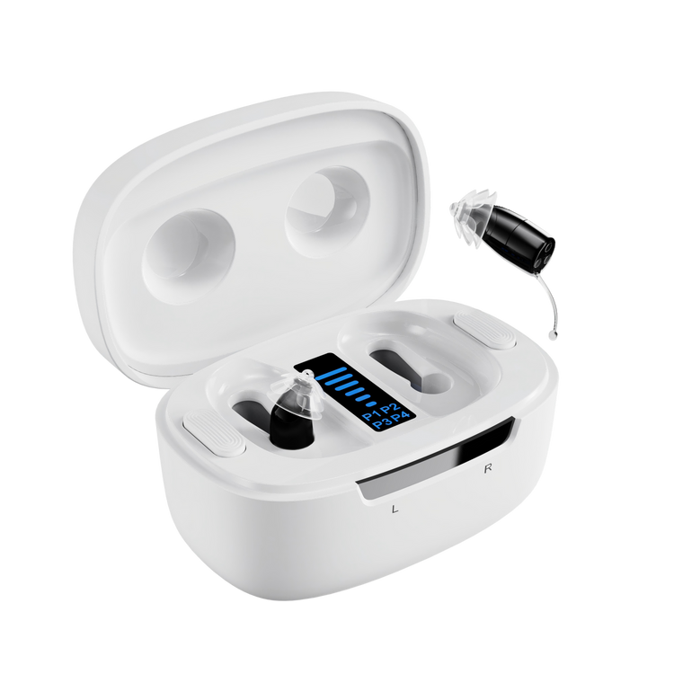 White wireless earbuds in charging case with digital display on a white background