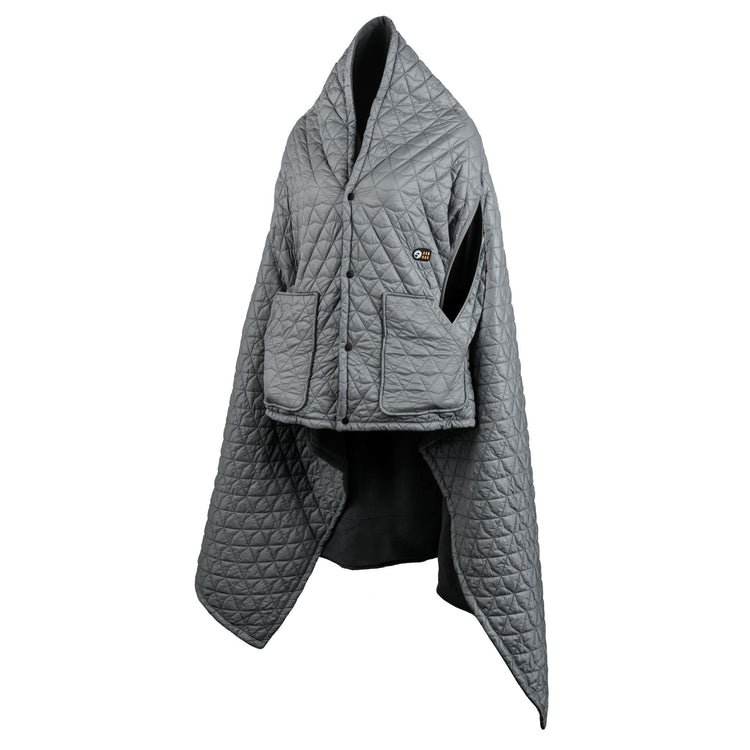 Gray quilted jacket with a hood on a white background