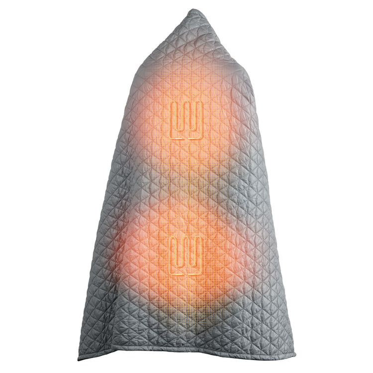 Gray quilted blanket with a glowing orange center on a white background