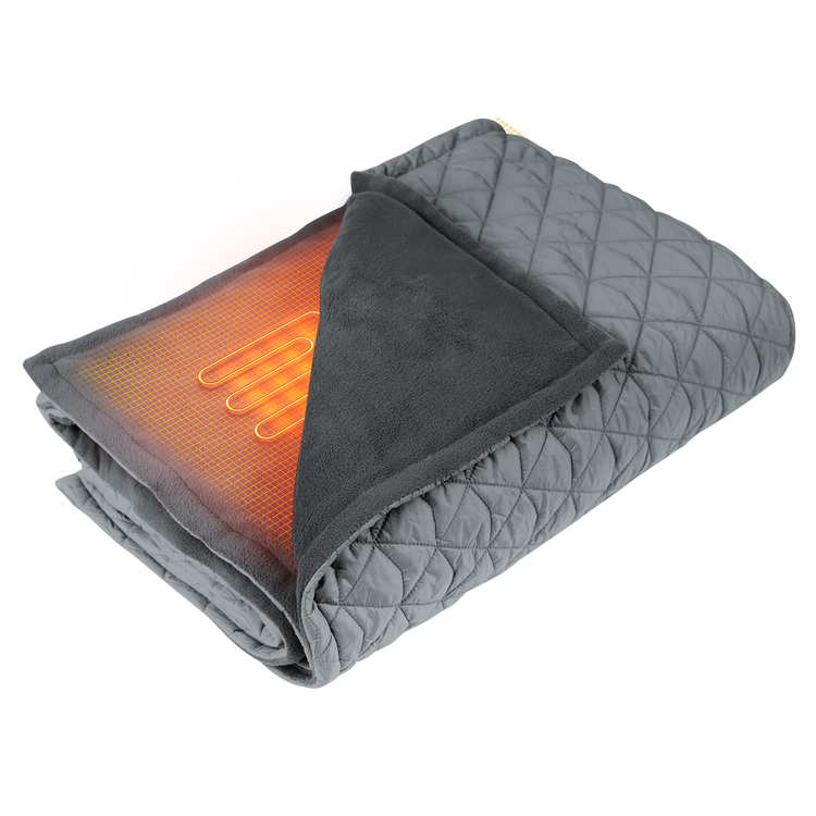 Gray heated blanket with glowing orange interior on a white background
