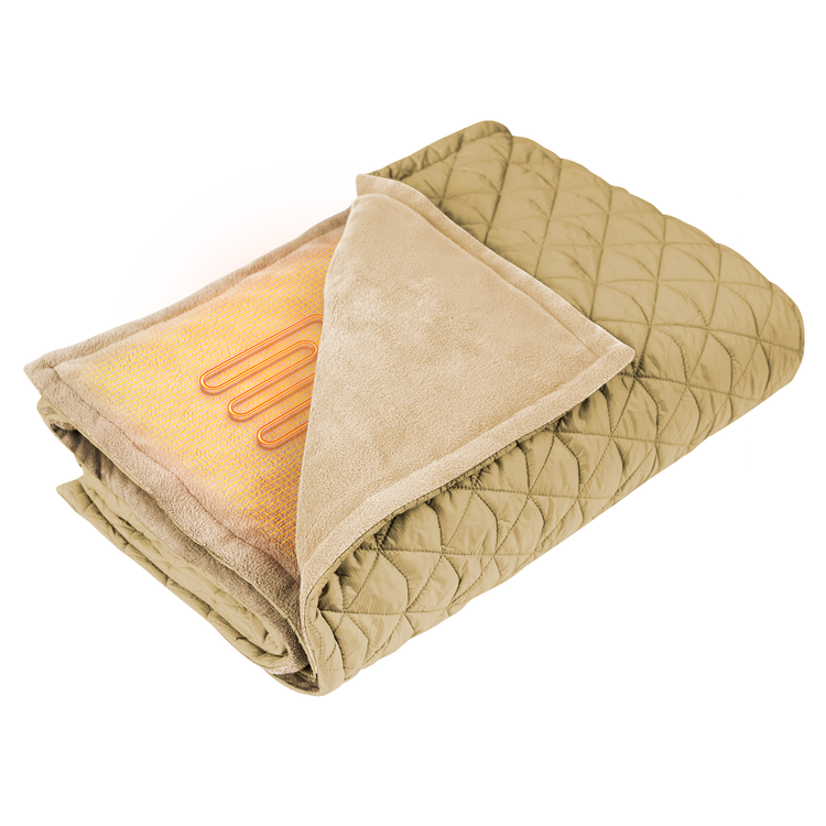 Folded beige quilt with textured surface on a white background