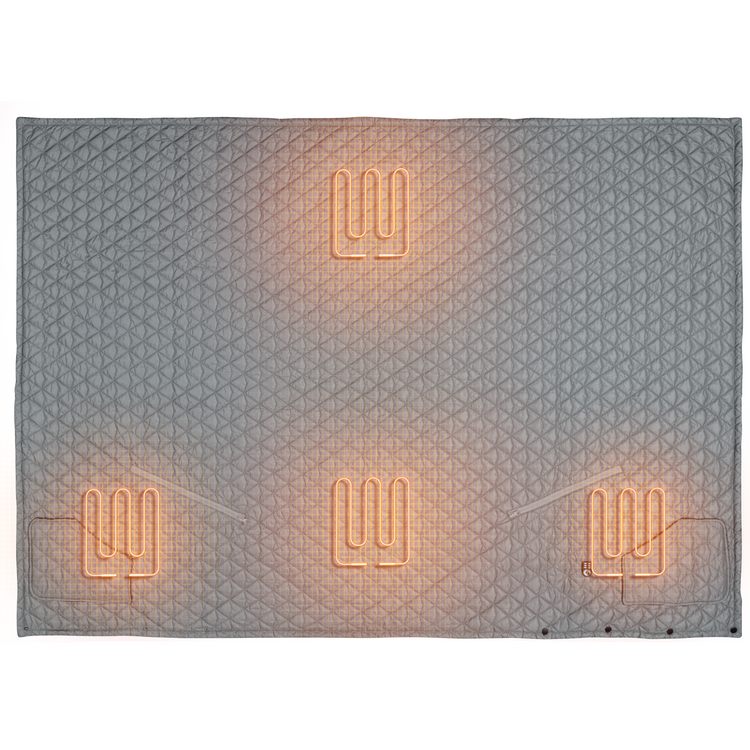 Gray quilt with neon light patterns on a white background