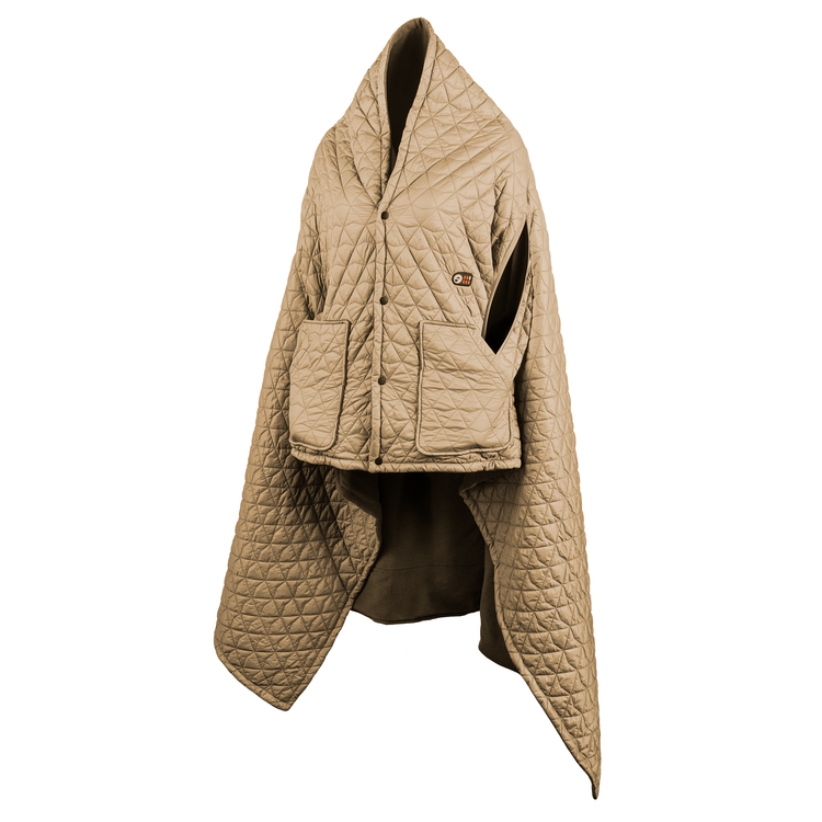 Beige quilted jacket with a hood on a white background