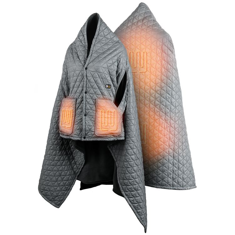Gray heated jacket with glowing orange heating elements on a white background