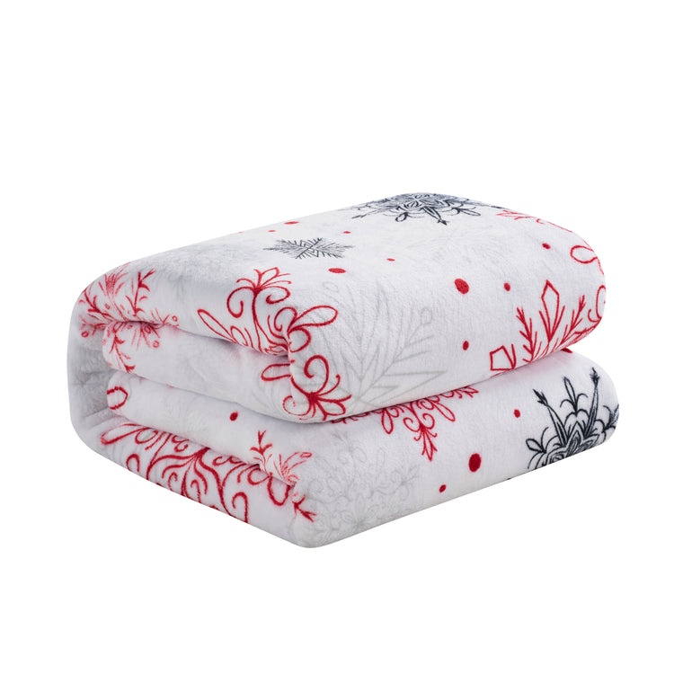 Folded blanket with red floral patterns on a white background