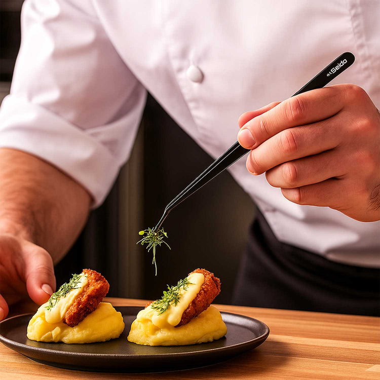 Person garnishing food on a plate with a fork