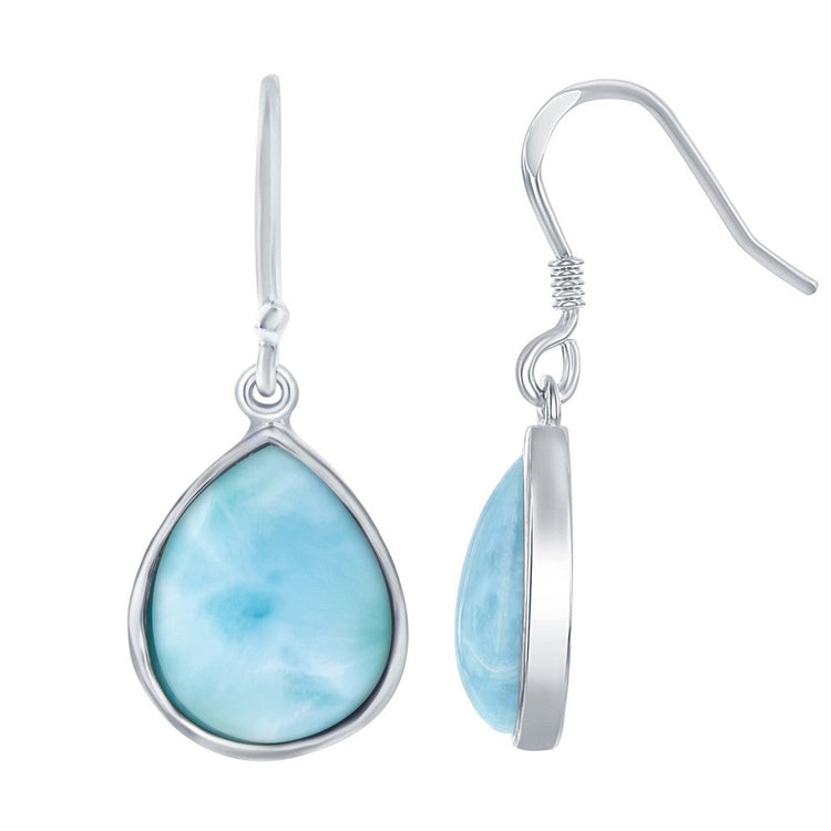 Teardrop-shaped larimar earrings with silver hooks on a white background