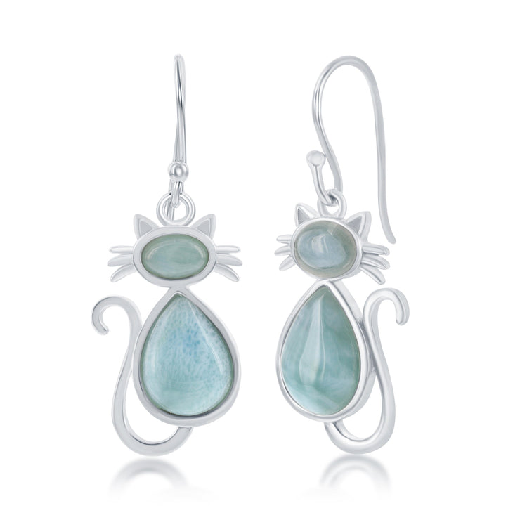 A pair of sterling silver cat earrings with natural Larimar stones.