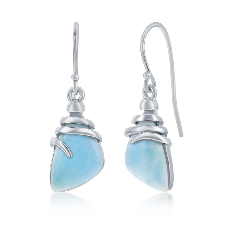 A pair of sterling silver earrings featuring irregular shaped larimar stones with a twist design.