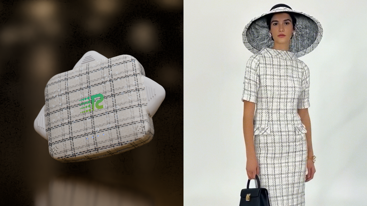 Woman in a checkered outfit with a matching pillow on a plain background