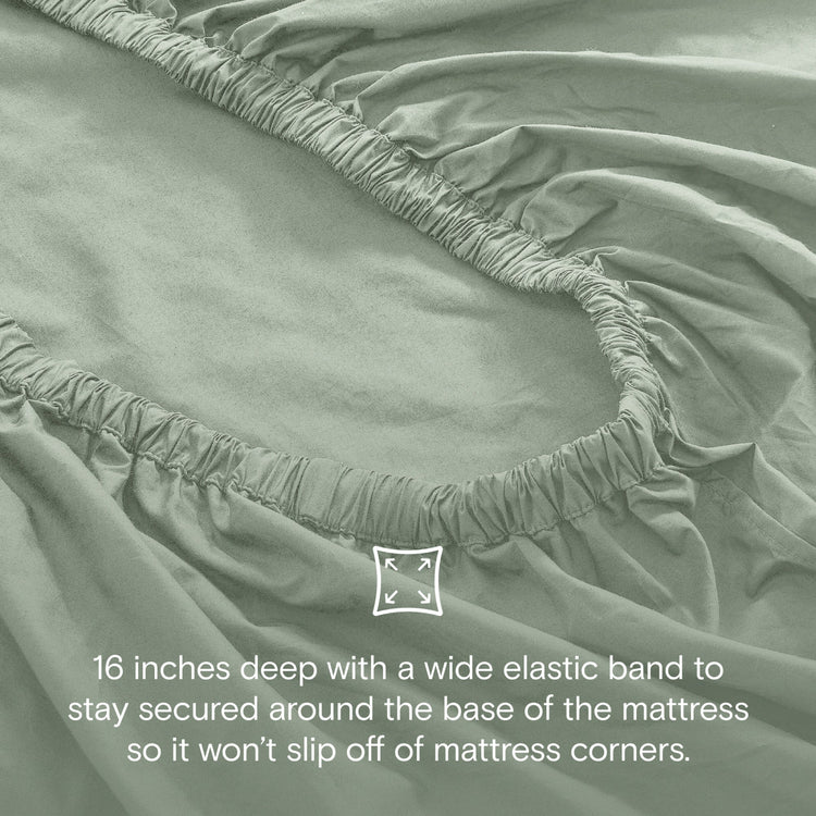 Green fitted sheet with elastic band on a mattress, text describing feature.