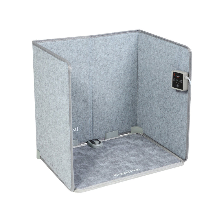 Portable shower pod with gray interior and control panel on a white background