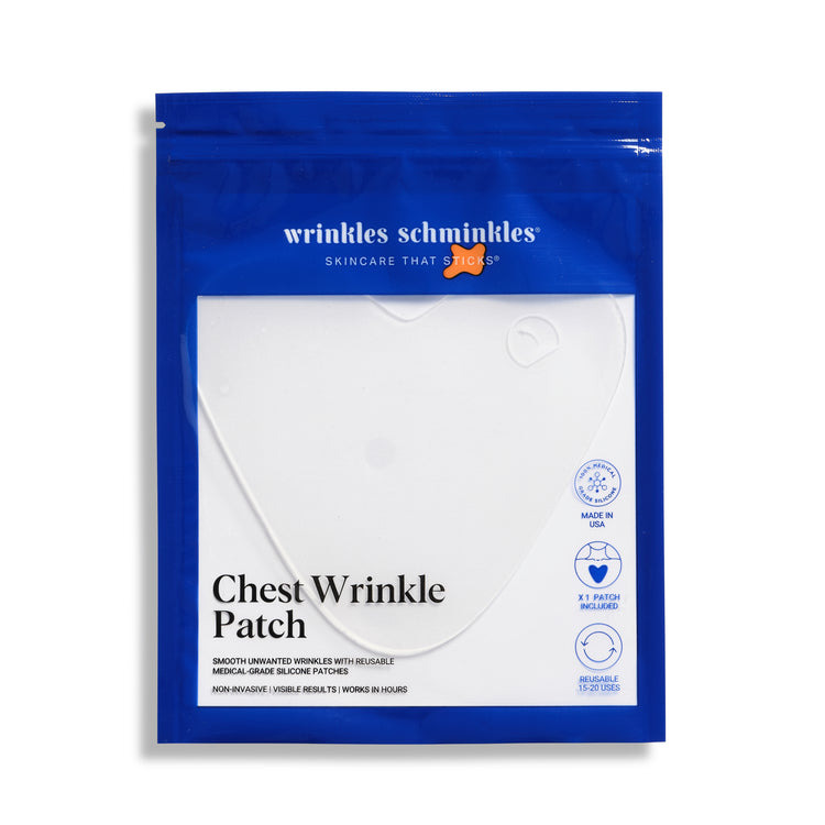 Packaging of Chest Wrinkle Patch with one visible silicone patch designed for smoothing skin wrinkles.