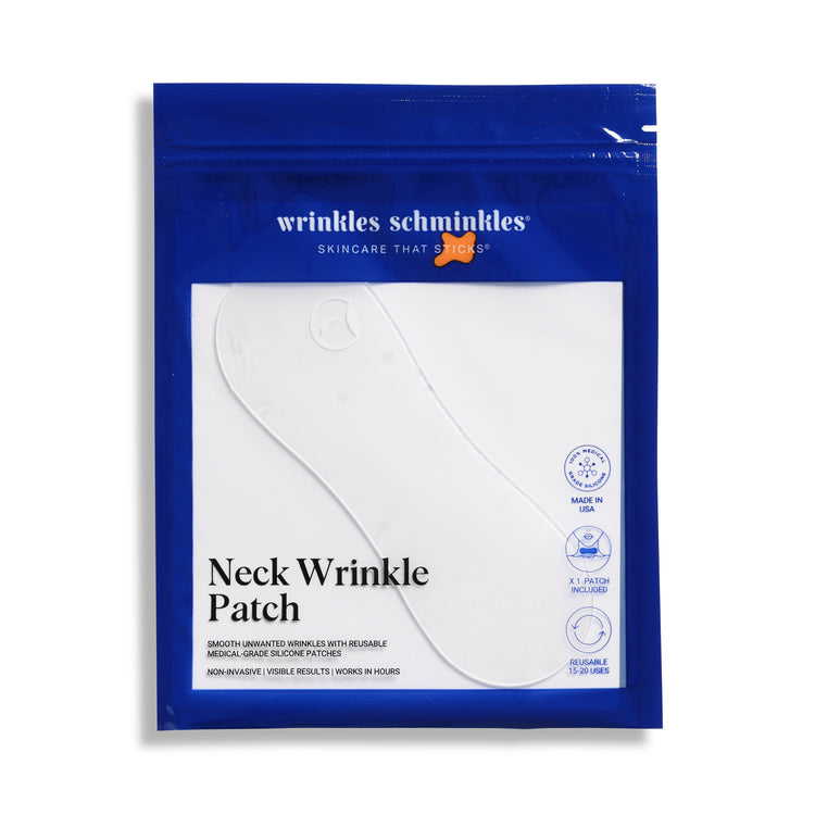 Packaging of Neck Wrinkle Patch with product visible through a clear window, labeled as skincare technology