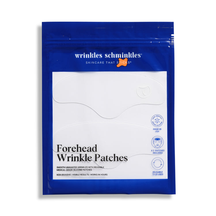 A blue packaging pouch with the brand 'Wrinkles Schminkles' written on it, containing Forehead Wrinkle Patches designed to smooth and soften frown lines and wrinkles.
