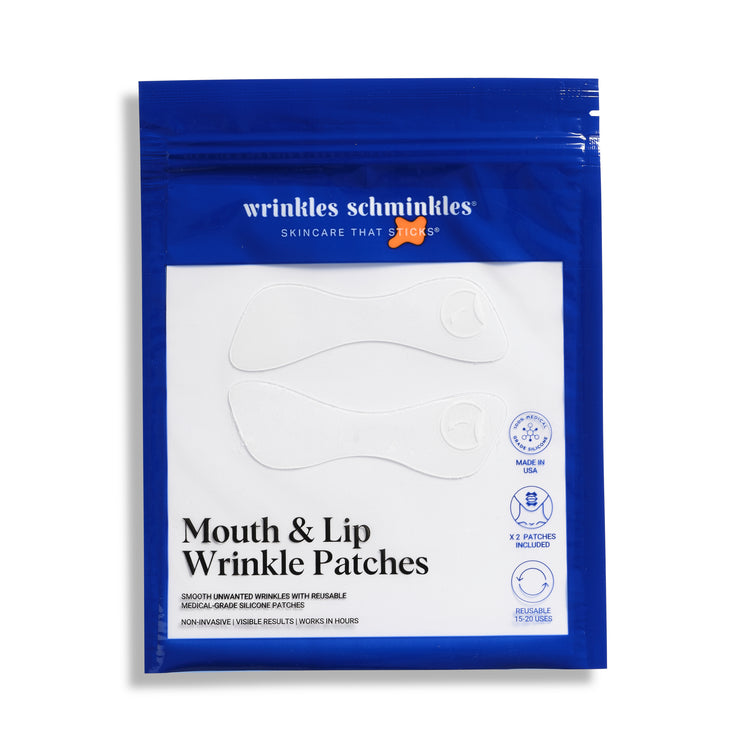 A blue packaging pouch with the brand 'Wrinkles Schminkles' written on it, containing Mouth & Lip Wrinkle Patches designed to smooth and refine visible lines around the mouth.