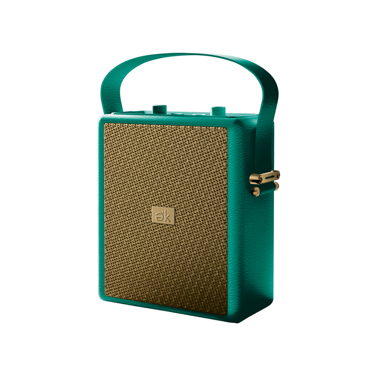 Green portable speaker with textured brown panel on a white background