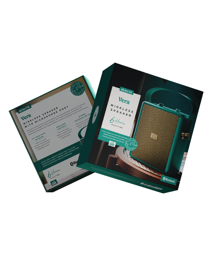 Green electronic device packaging with brand label on a white background