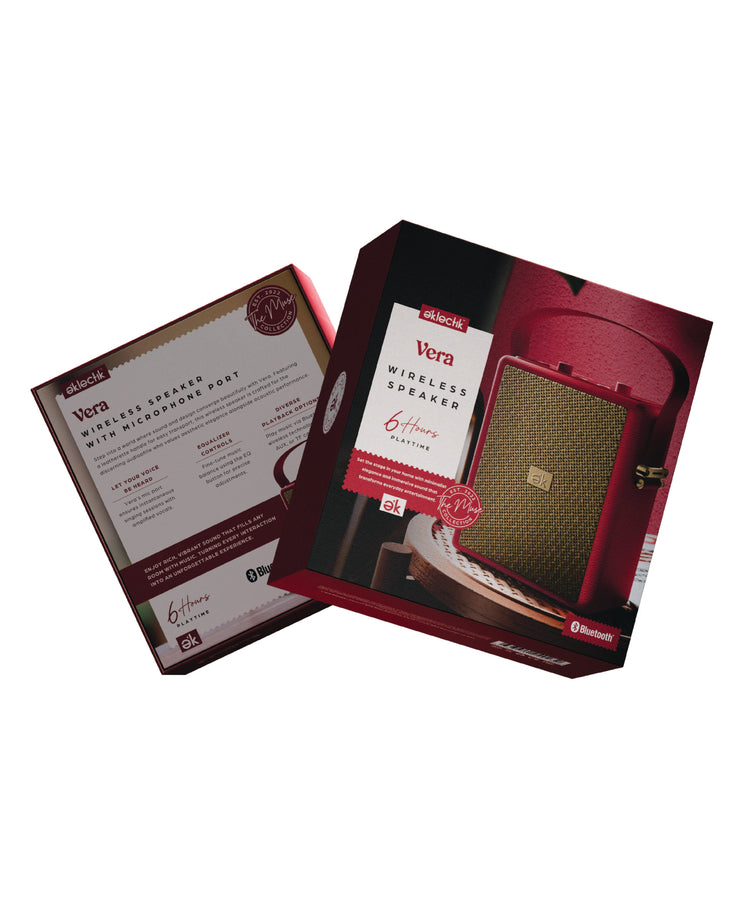 Wireless speaker packaging with product and brand details on a white background