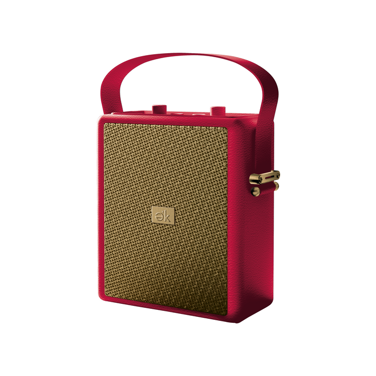 Red portable speaker with textured gold side on a white background