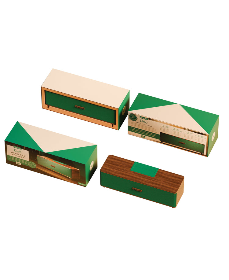 Four wooden boxes with green and beige design on a white background