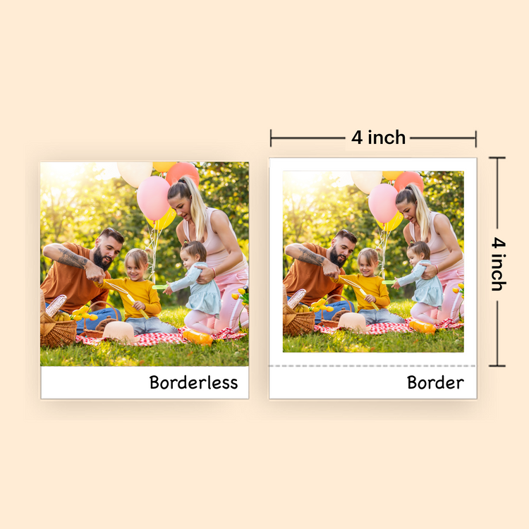 Two photo prints showing a family with children outdoors, one borderless and one with a border.