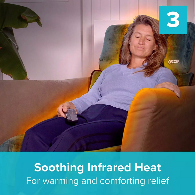 Woman relaxing in a chair with text about soothing infrared heat
